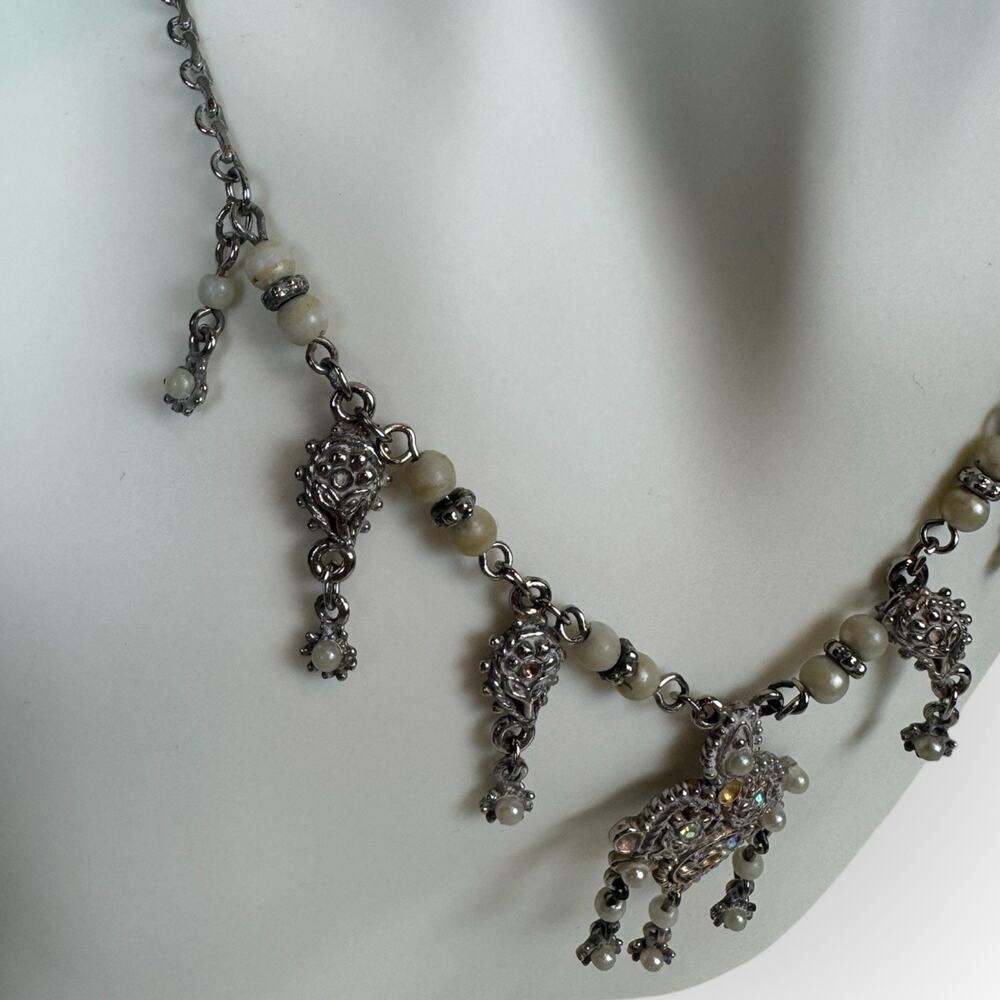 Dark Academia Regency Vintage 925 Sterling Silver‎ Filigree Dangle Bib Necklace - Picture 4 of 7